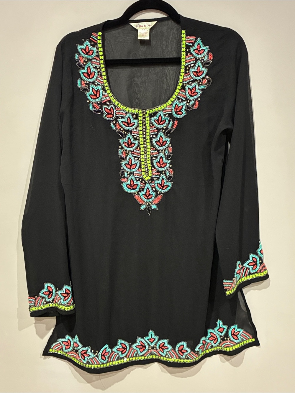 Lucky & Coco Embroidered Black Beaded Tunic Top - Vibrant Multicolor Detail